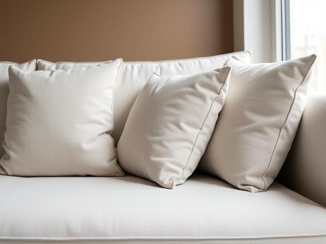 Large neutral base cushions on a modern sofa