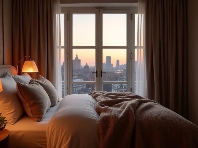Bedroom sanctuary featuring layered linens, textured drapes, and soft lighting